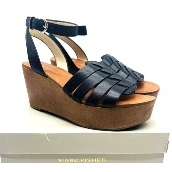 Marc Fisher Woven Leather Wedges with Ankle Strap Pastya Black 9 M Heels New - Picture 1 of 8